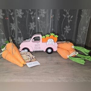 NWT Rae Dunn Happy Easter Decor Pink Truck Bunny with Carrots Bundle